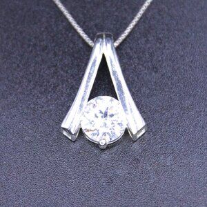 925 Sterling Silver Signed C Large Rivoli Cubic Zirconia Pendant Necklace